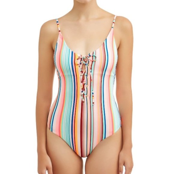 No Boundaries Other - 💕 No Boundaries Junior Sorbet Striped Lace Up One Piece Swimsuit Size Large
